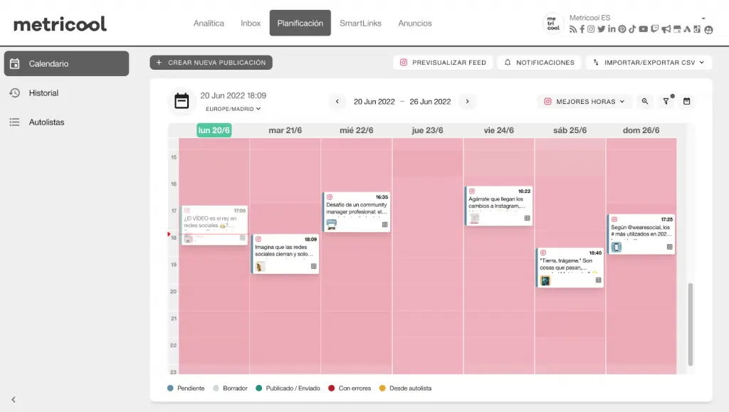 Calendario de programación de publicaciones en Metricool